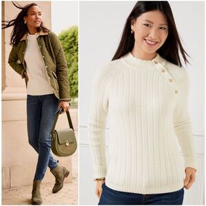 TALBOTS NWT XL Ribbed Button Mockneck Sweater in Ivory • Cozy Mock Neck Pullover